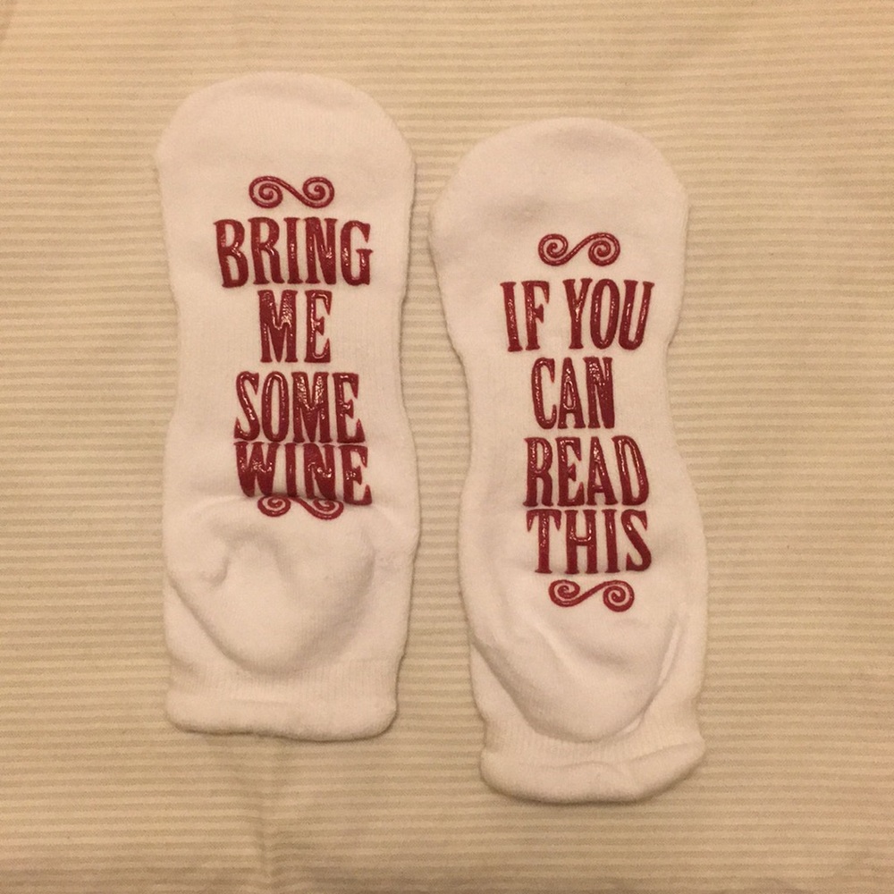 Lounge Socks. Lettering has a grip to them.